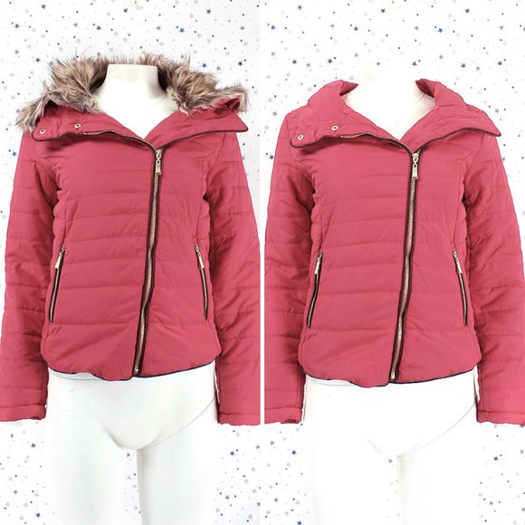 Removable Faux Fur Collar Puffer Jacket Dusty Pink - Picture 1 of 8